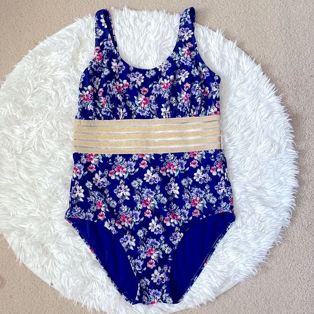 Nicole Miller New York One Piece Blue Floral Pattern mesh middle